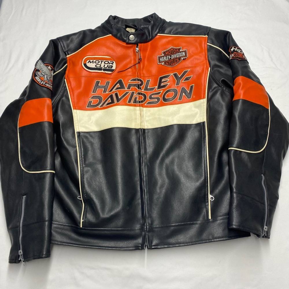 Harley Davidson Youth Large Faux Leather Motorcycle Jacket Orange Patchwork